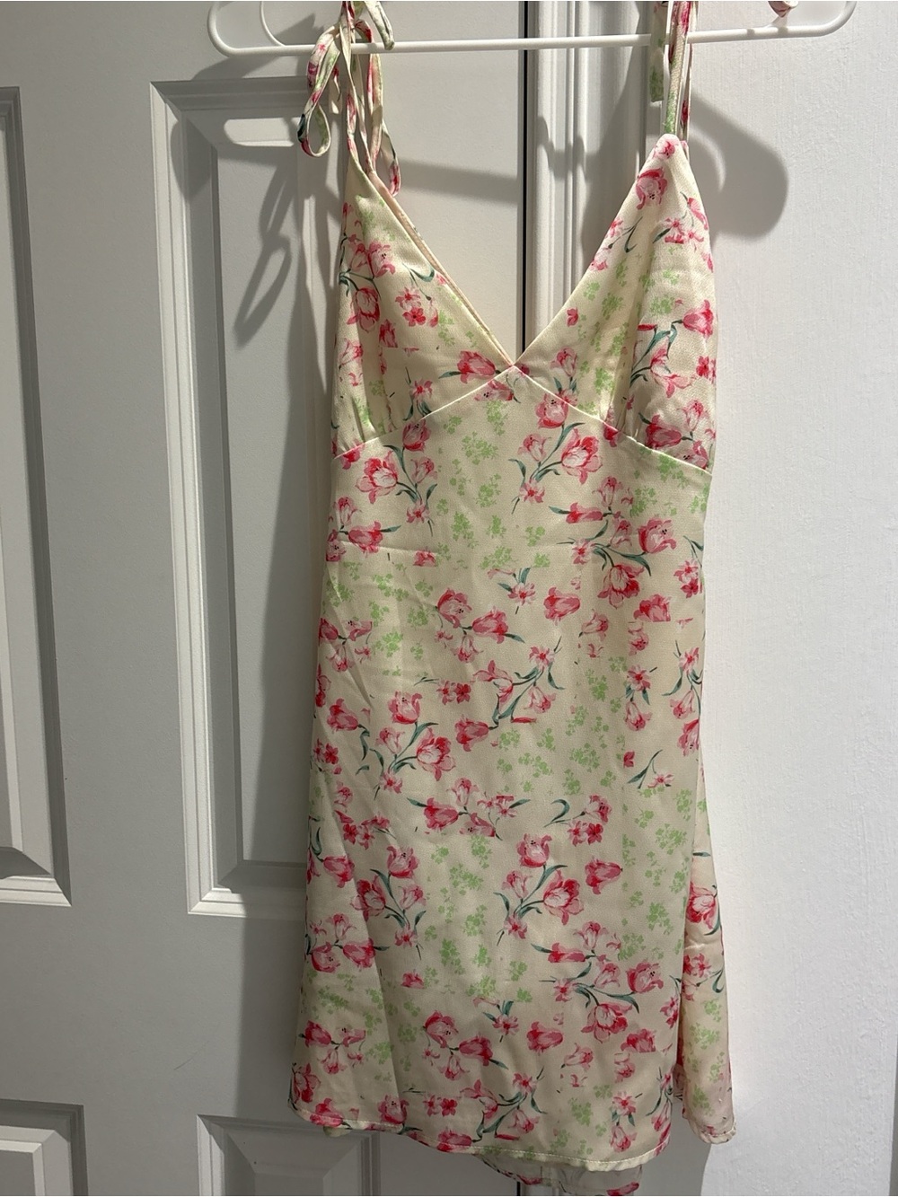 Floral Satin Slip Dress — Cream with Pink Floral Print